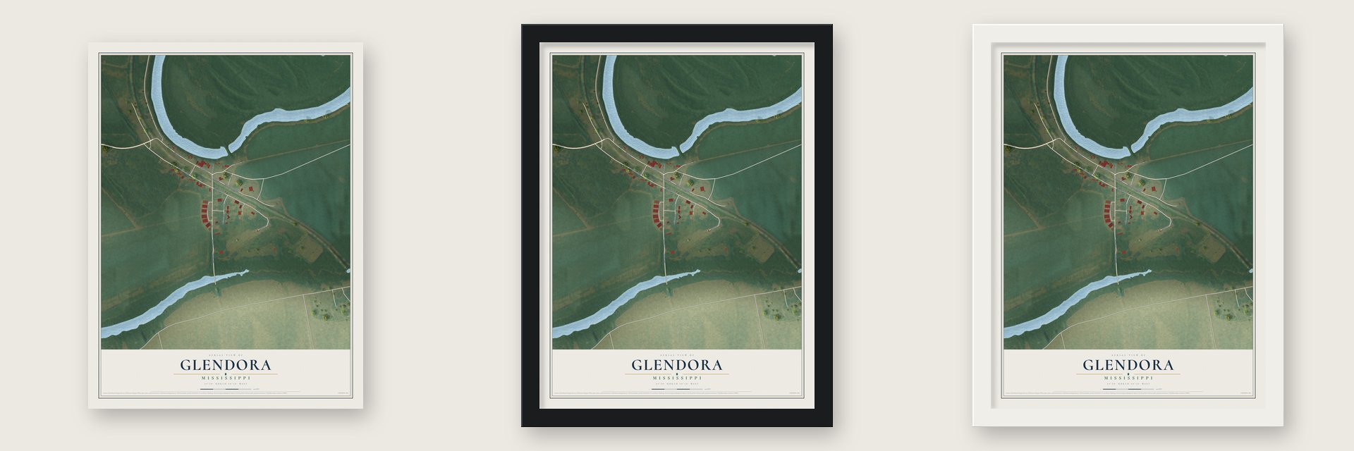 Glendora, Mississippi map unframed, in a black wood frame and in a white wood frame