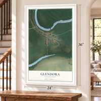 Glendora, Mississippi map, 24 x 36 inch print in a white frame by a staircase