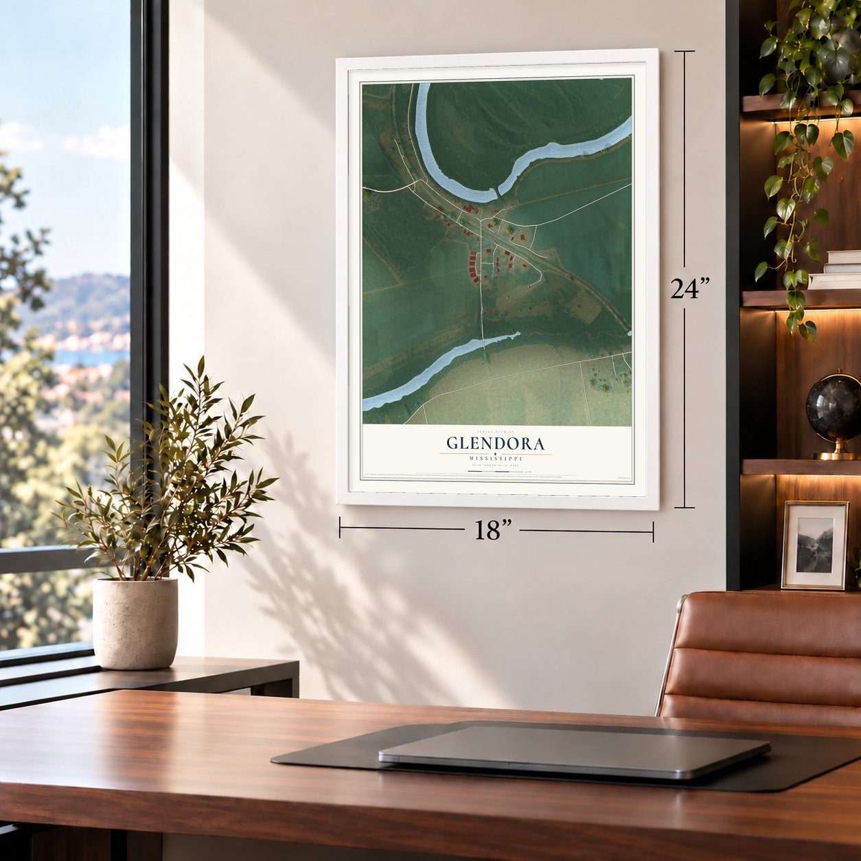 Glendora, Mississippi map, 18 x 24 inch print in a white frame in a home office