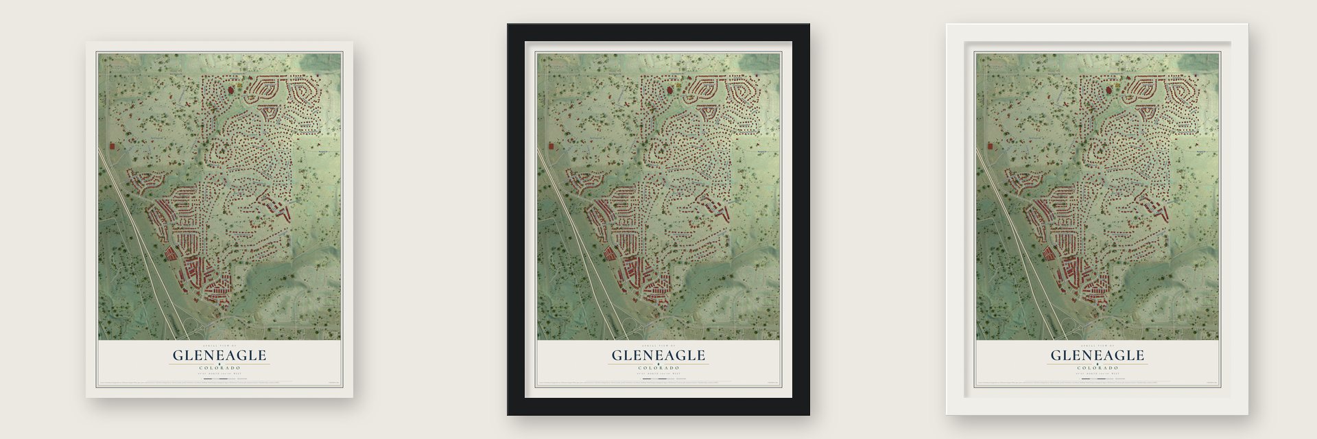 Gleneagle, Colorado map unframed, in a black wood frame and in a white wood frame