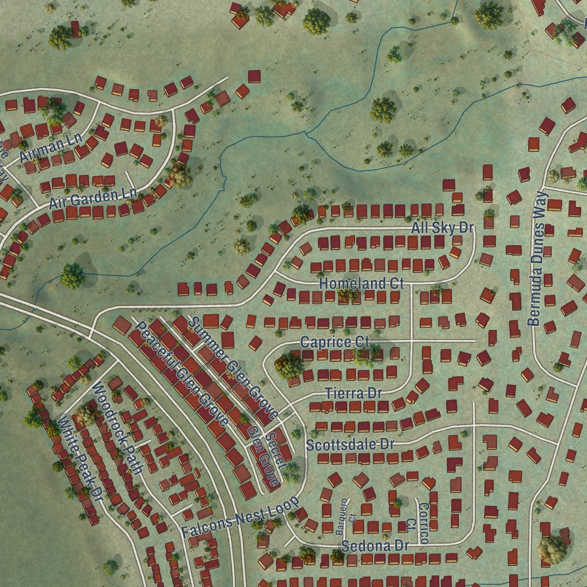 Second close-up of the map of Gleneagle, Colorado print showing more streets and buildings