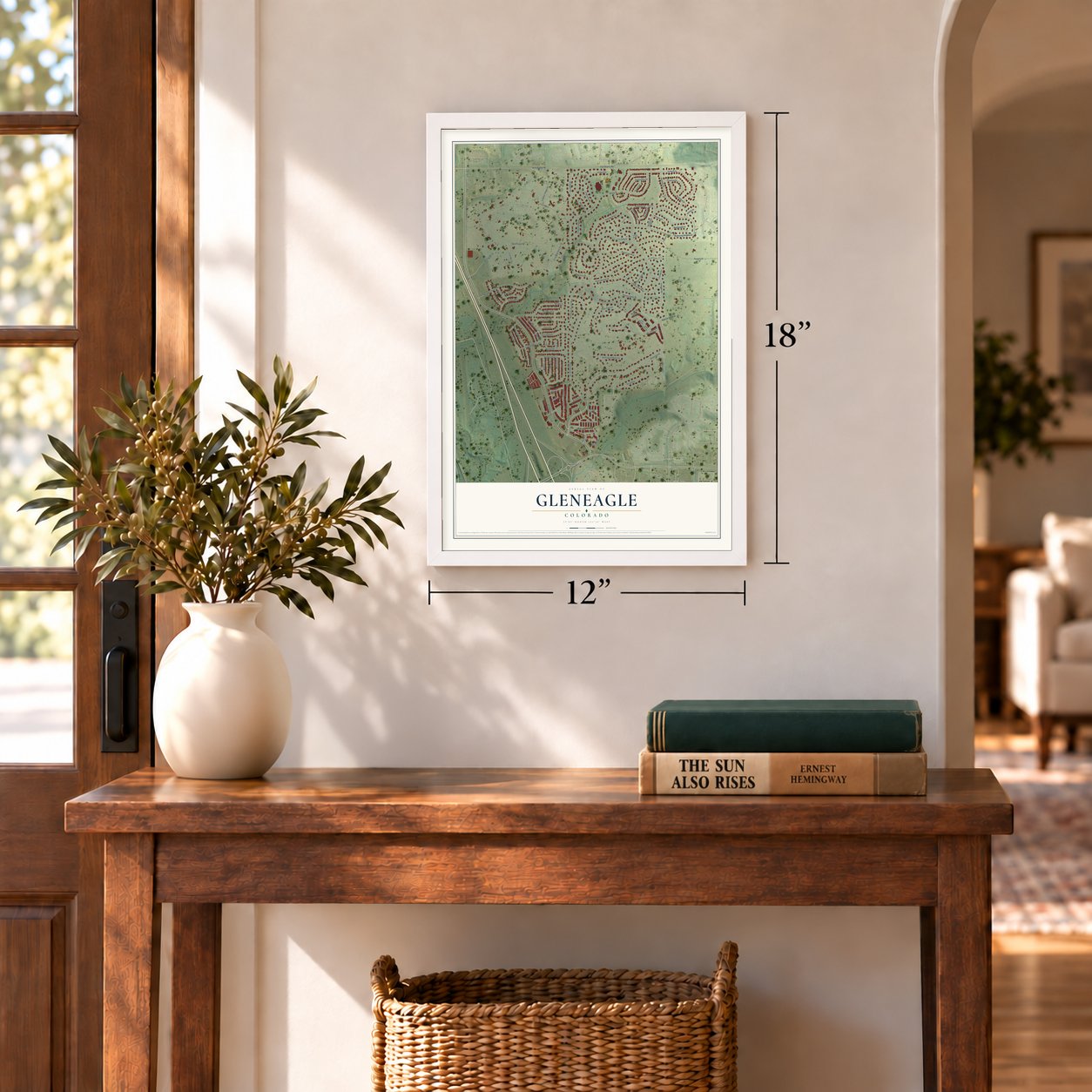 Gleneagle, Colorado map, 12 x 18 inch print in a white frame in an entryway