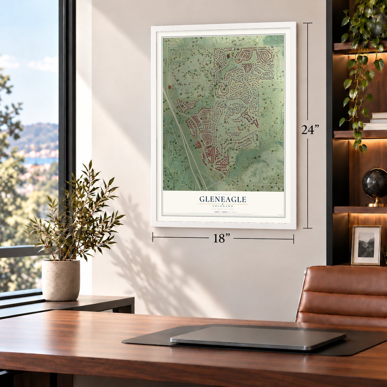 Gleneagle, Colorado map, 18 x 24 inch print in a white frame in a home office