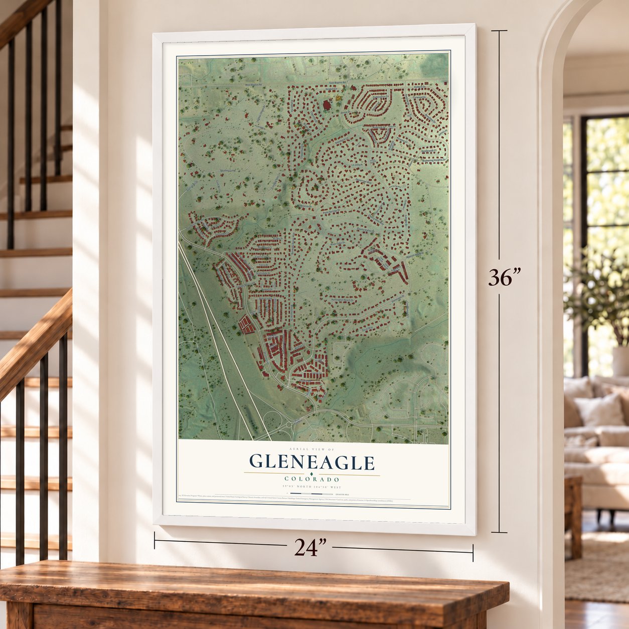 Gleneagle, Colorado map, 24 x 36 inch print in a white frame by a staircase