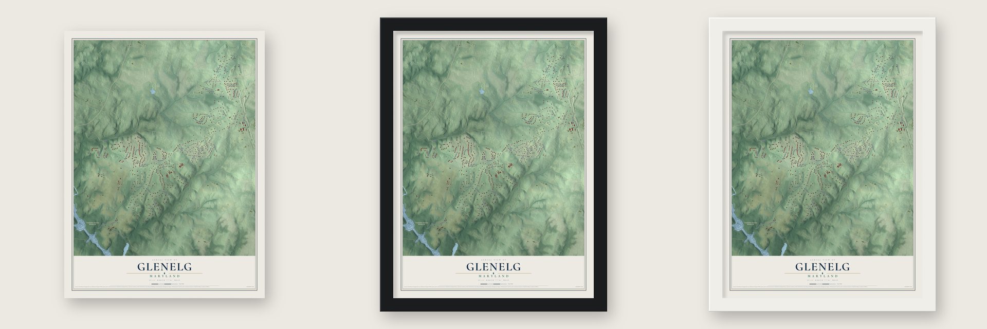 Glenelg, Maryland map unframed, in a black wood frame and in a white wood frame