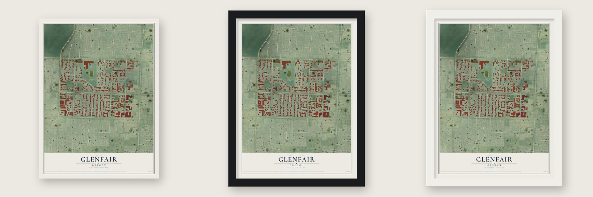 Glenfair, Oregon map unframed, in a black wood frame and in a white wood frame