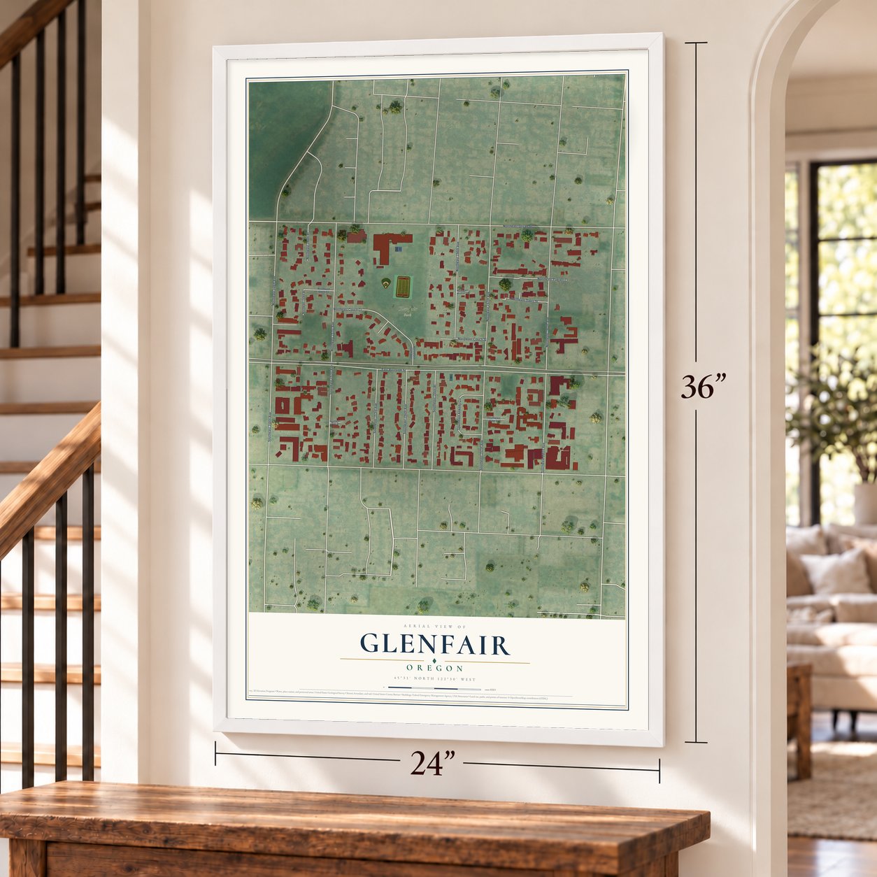 Glenfair, Oregon map, 24 x 36 inch print in a white frame by a staircase