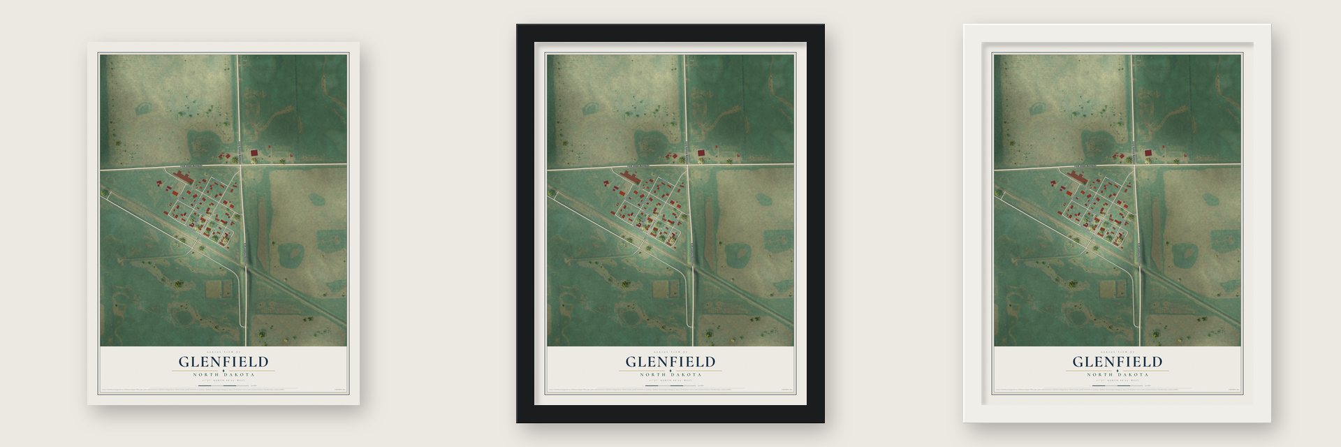 Glenfield, North Dakota map unframed, in a black wood frame and in a white wood frame