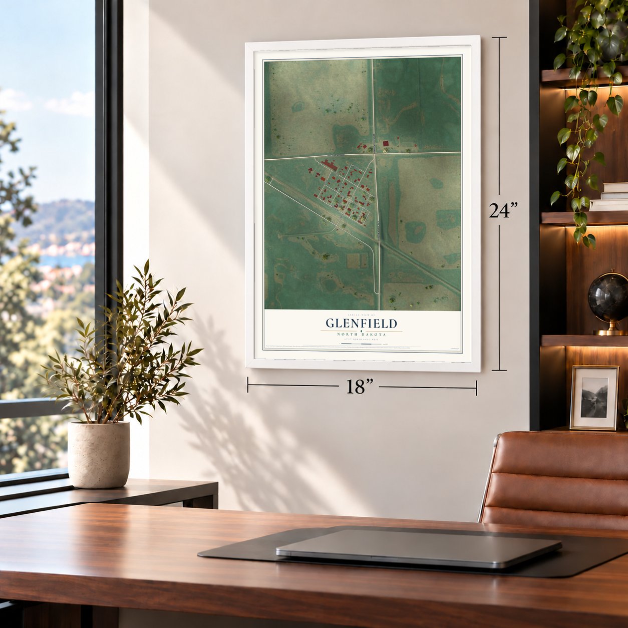 Glenfield, North Dakota map, 18 x 24 inch print in a white frame in a home office