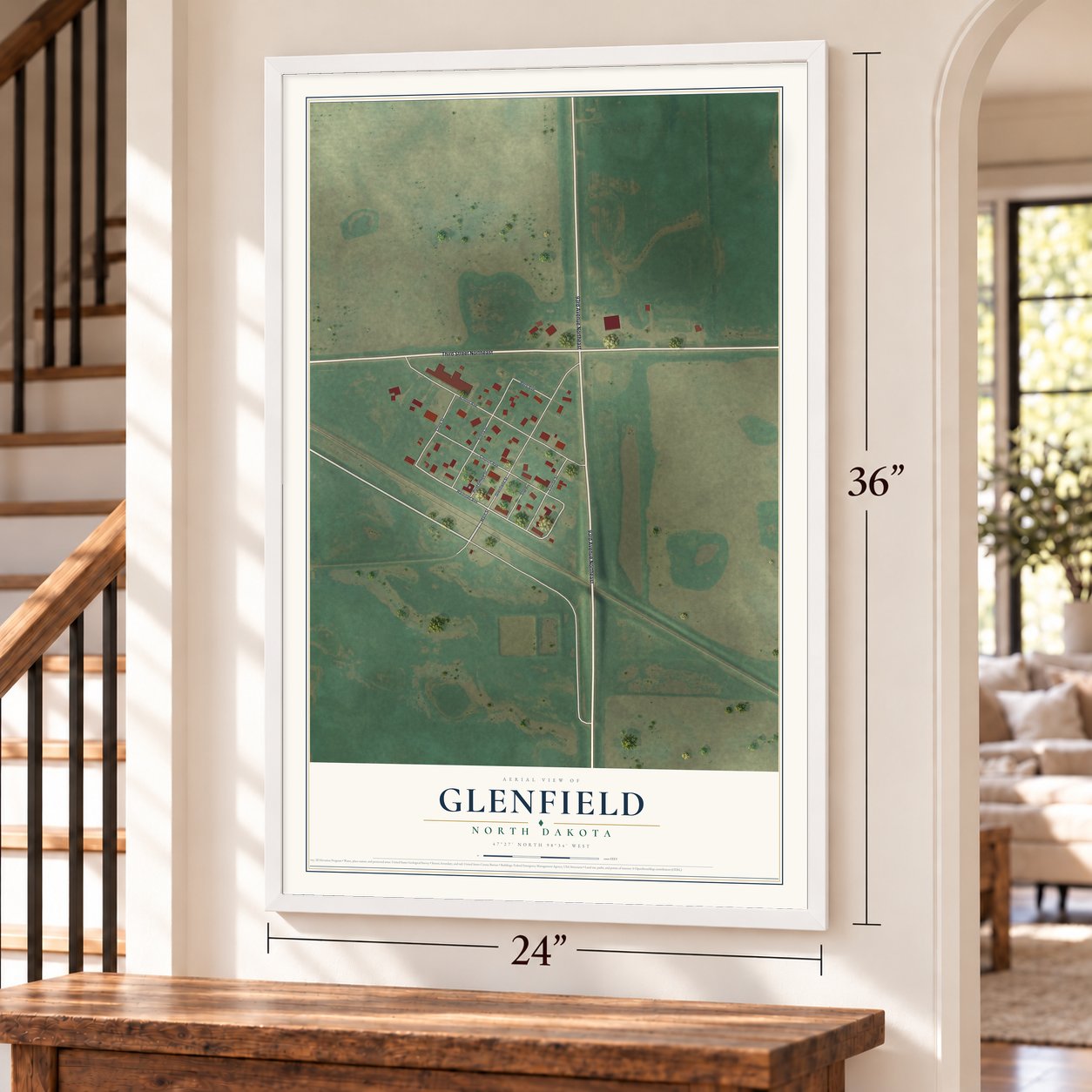 Glenfield, North Dakota map, 24 x 36 inch print in a white frame by a staircase