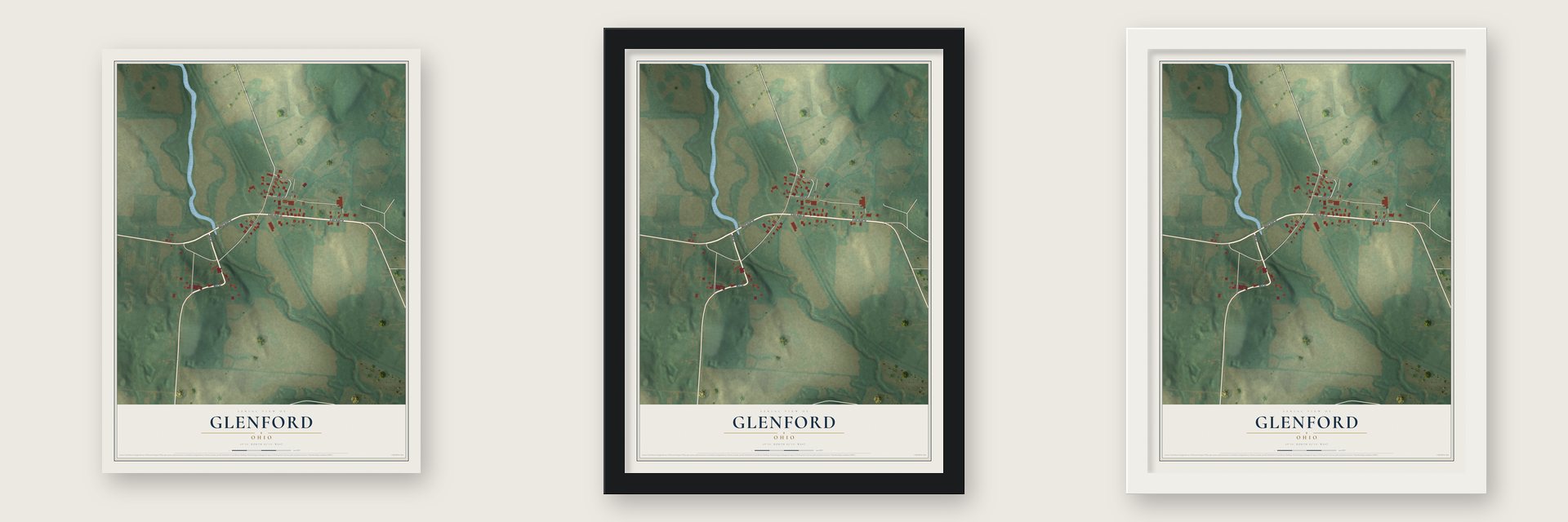 Glenford, Ohio map unframed, in a black wood frame and in a white wood frame
