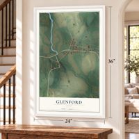 Glenford, Ohio map, 24 x 36 inch print in a white frame by a staircase