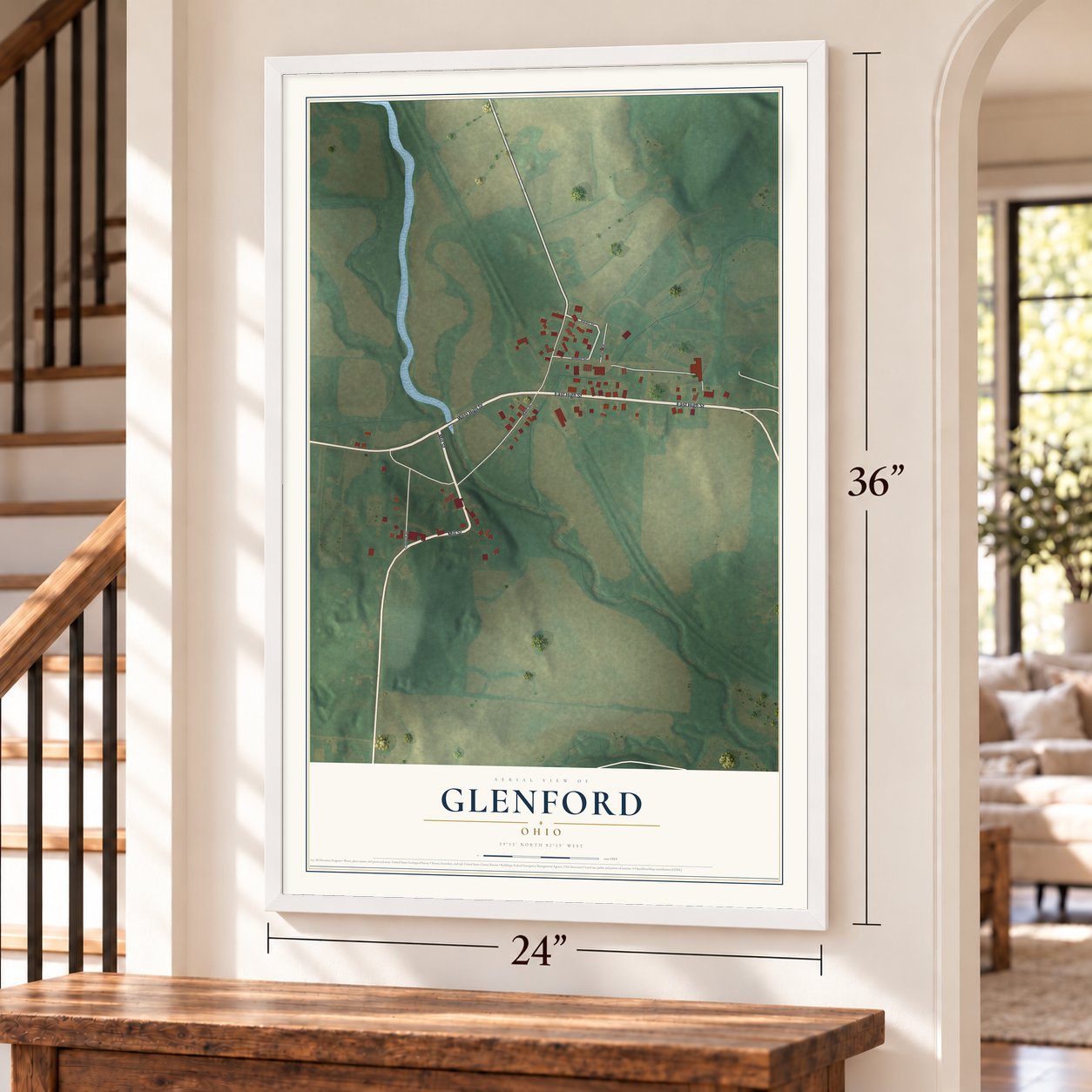 Glenford, Ohio map, 24 x 36 inch print in a white frame by a staircase