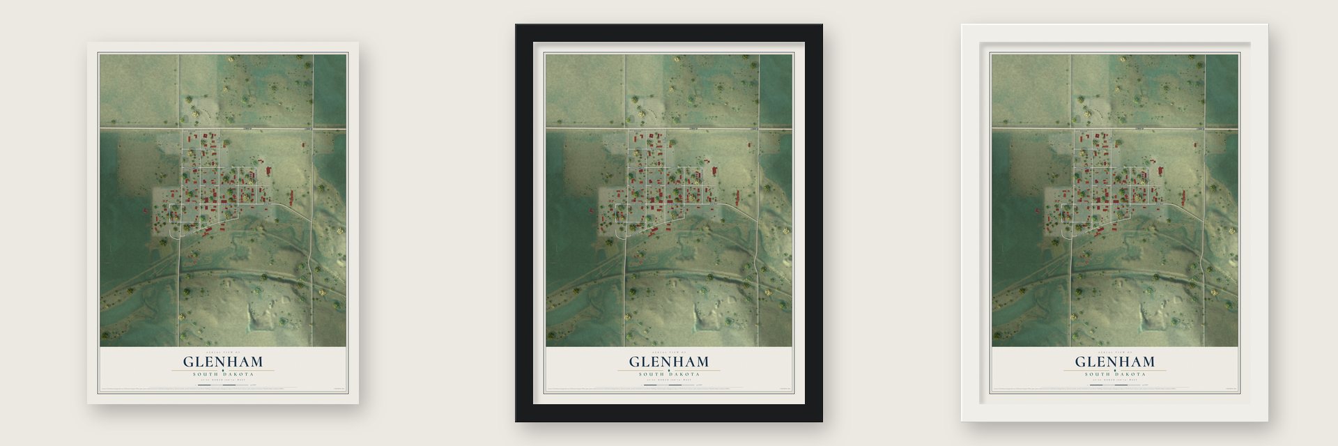 Glenham, South Dakota map unframed, in a black wood frame and in a white wood frame