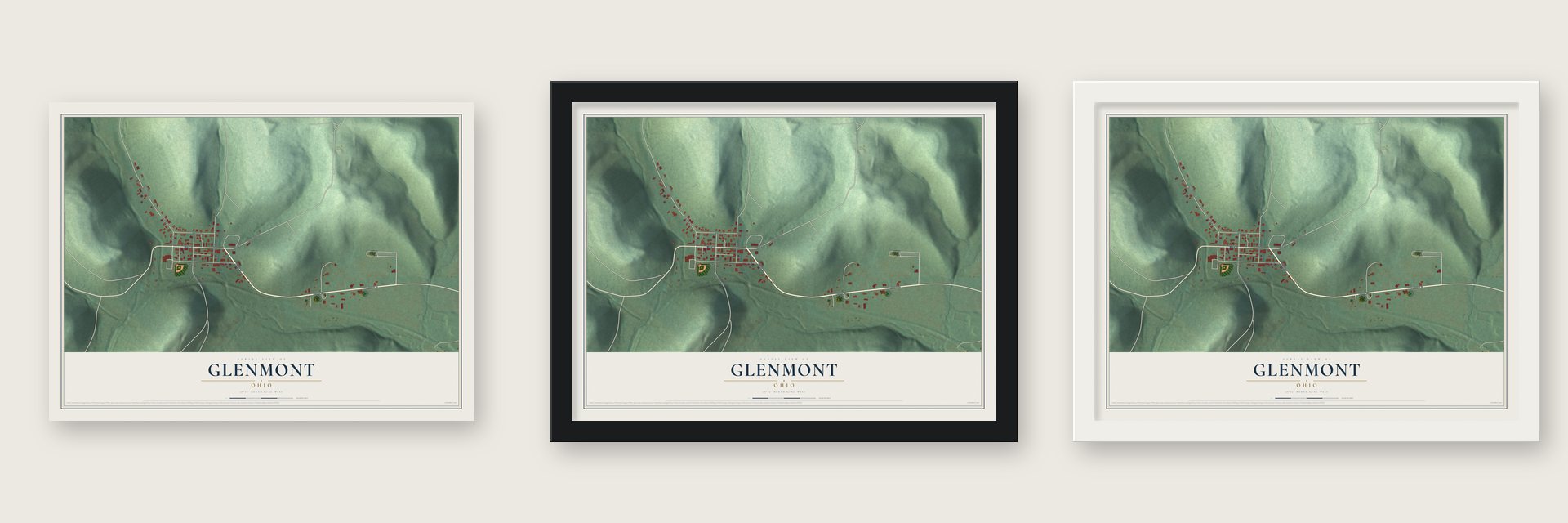 Glenmont, Ohio map unframed, in a black wood frame and in a white wood frame