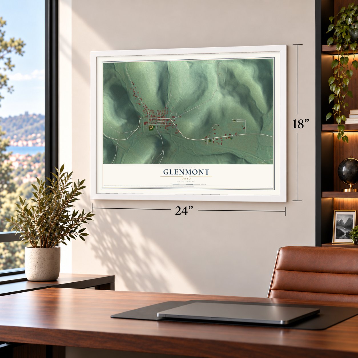 Glenmont, Ohio map, 18 x 24 inch print in a white frame in a home office