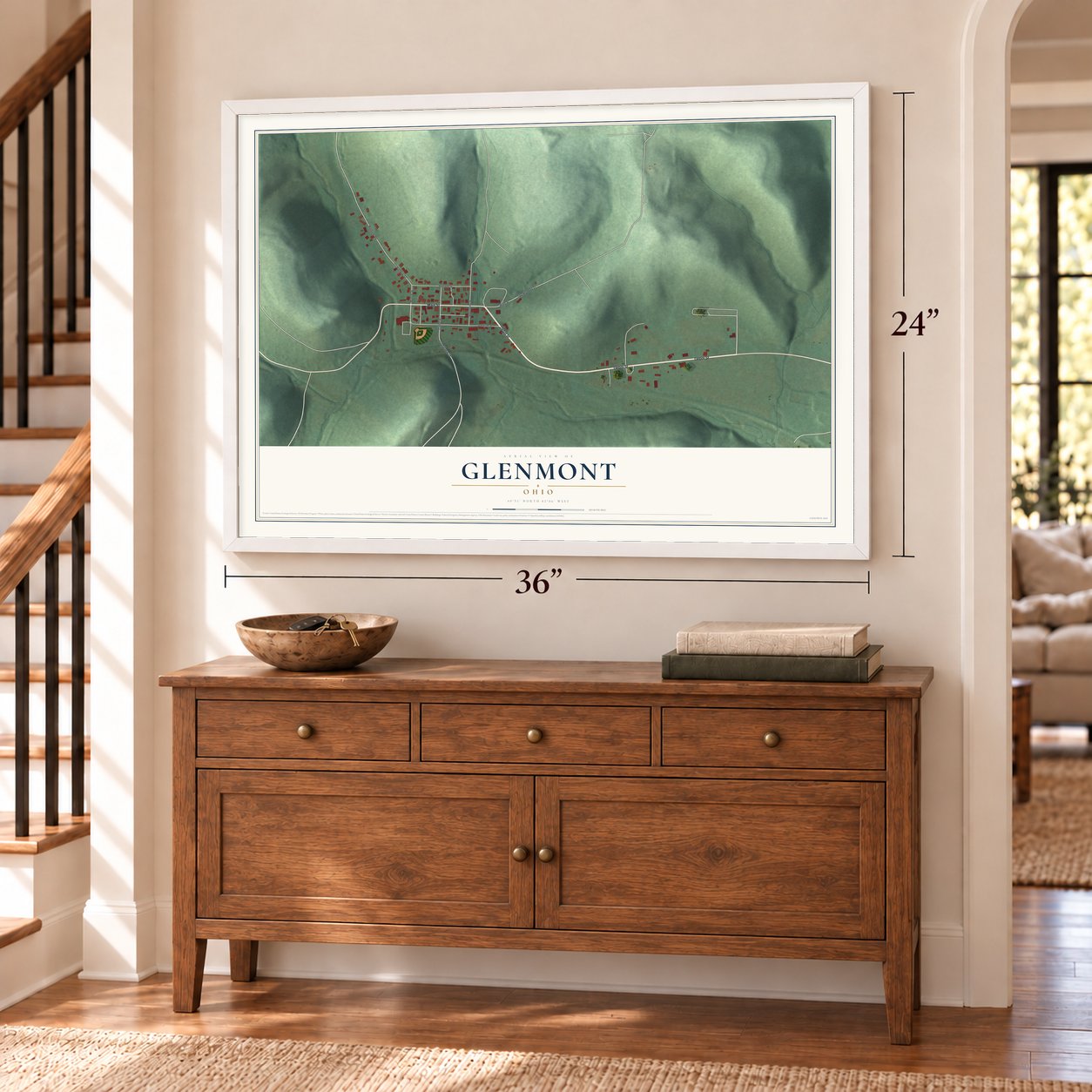 Glenmont, Ohio map, 24 x 36 inch print in a white frame above a dresser by a staircase