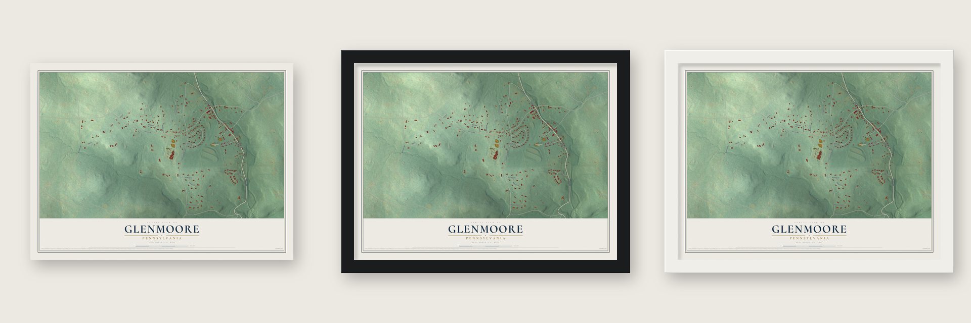 Glenmoore, Pennsylvania map unframed, in a black wood frame and in a white wood frame