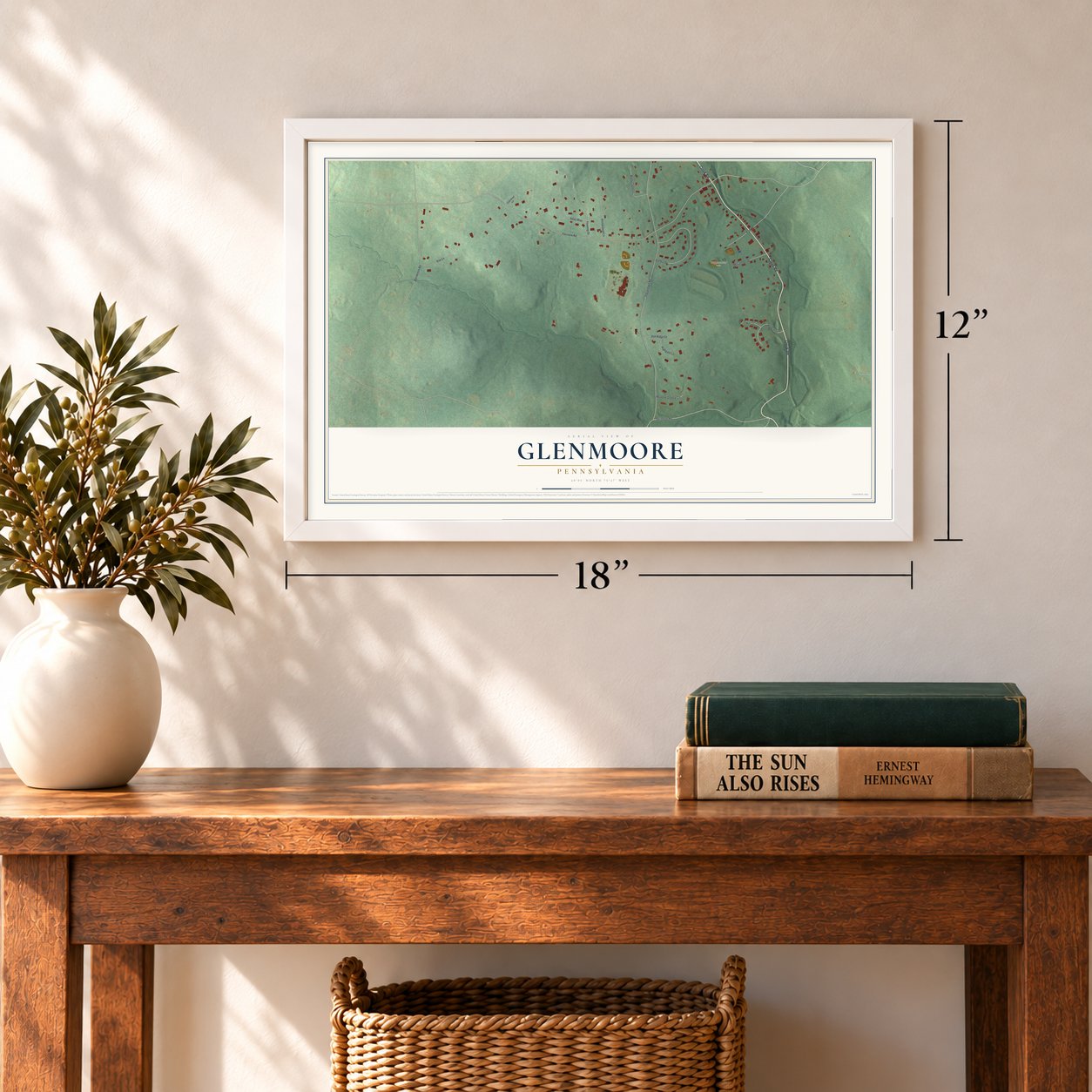 Glenmoore, Pennsylvania map, 12 x 18 inch print in a white frame in an entryway