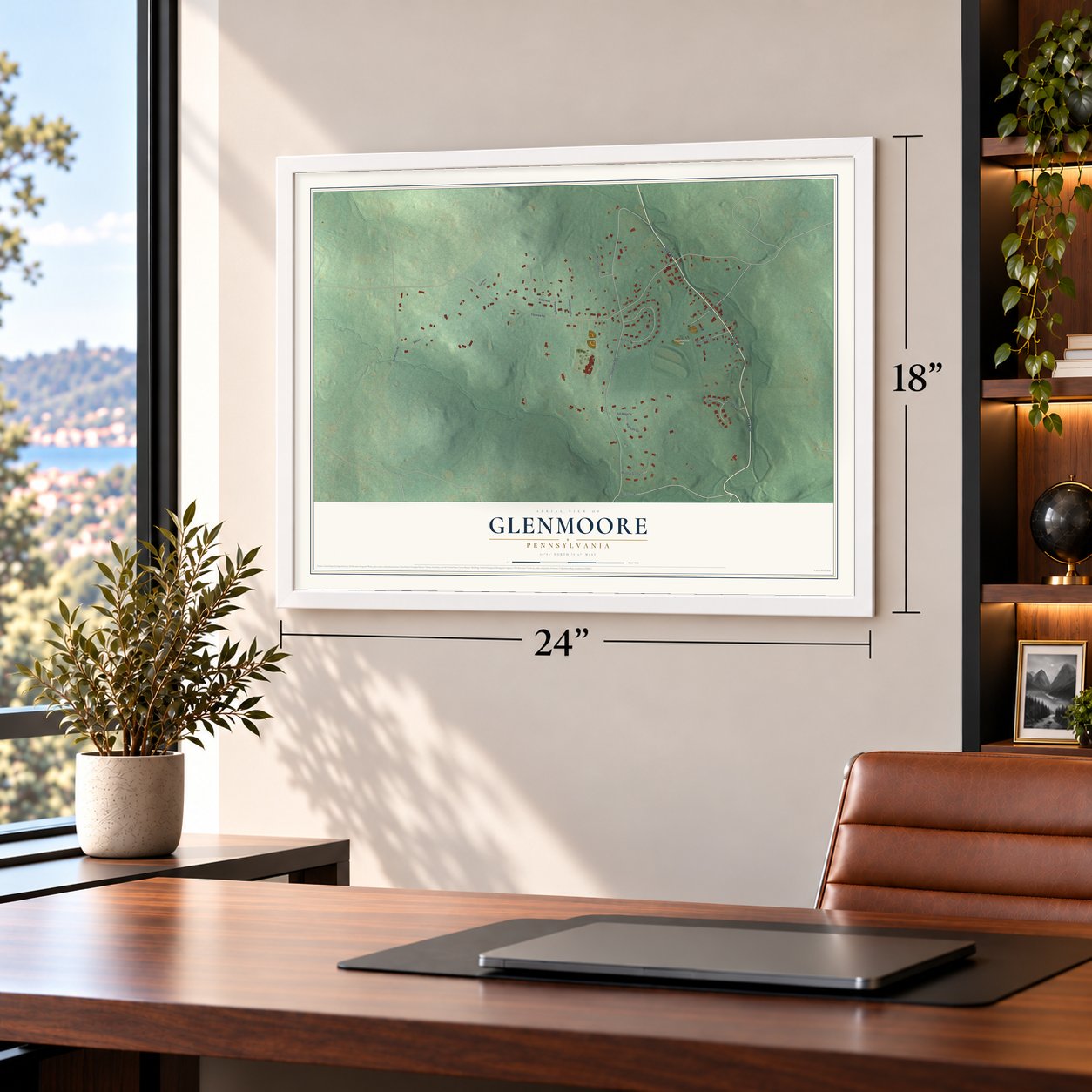 Glenmoore, Pennsylvania map, 18 x 24 inch print in a white frame in a home office