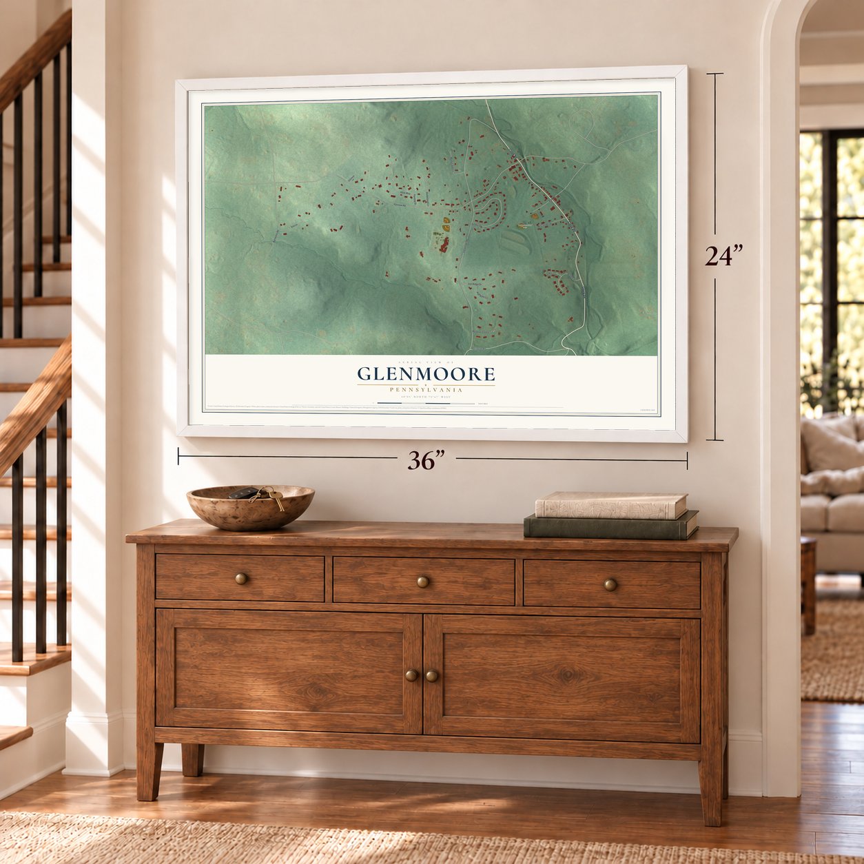Glenmoore, Pennsylvania map, 24 x 36 inch print in a white frame above a dresser by a staircase