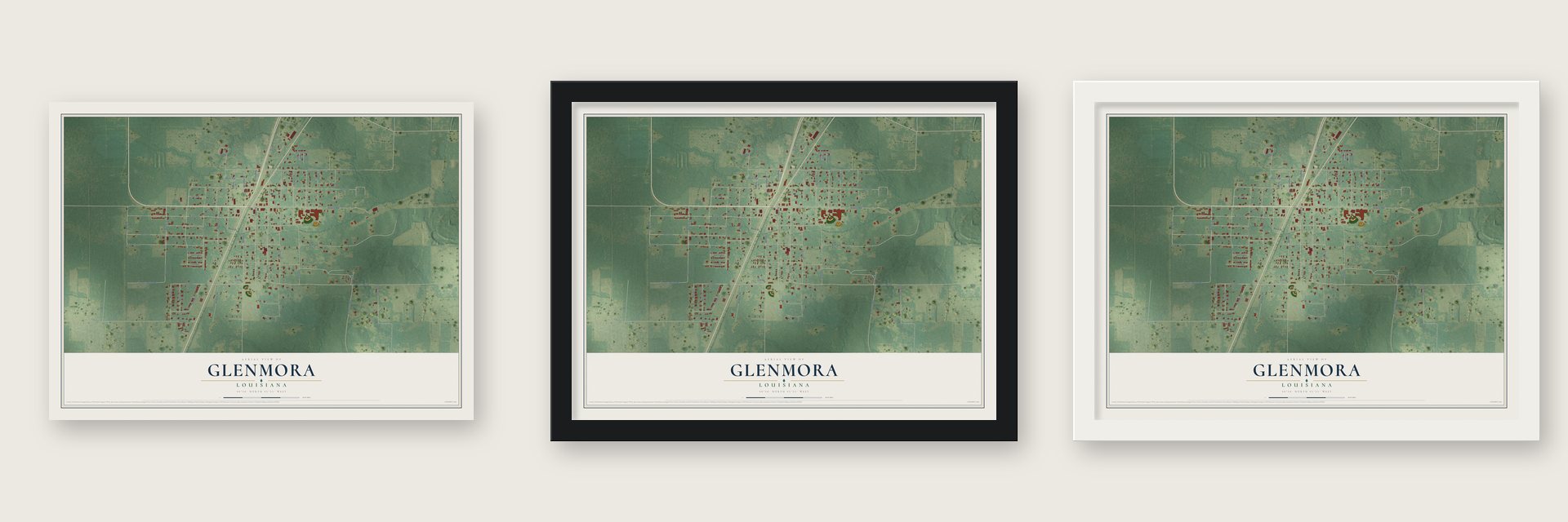 Glenmora, Louisiana map unframed, in a black wood frame and in a white wood frame