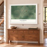 Glenmora, Louisiana map, 24 x 36 inch print in a white frame above a dresser by a staircase