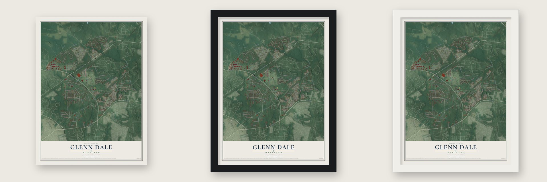Glenn Dale, Maryland map unframed, in a black wood frame and in a white wood frame
