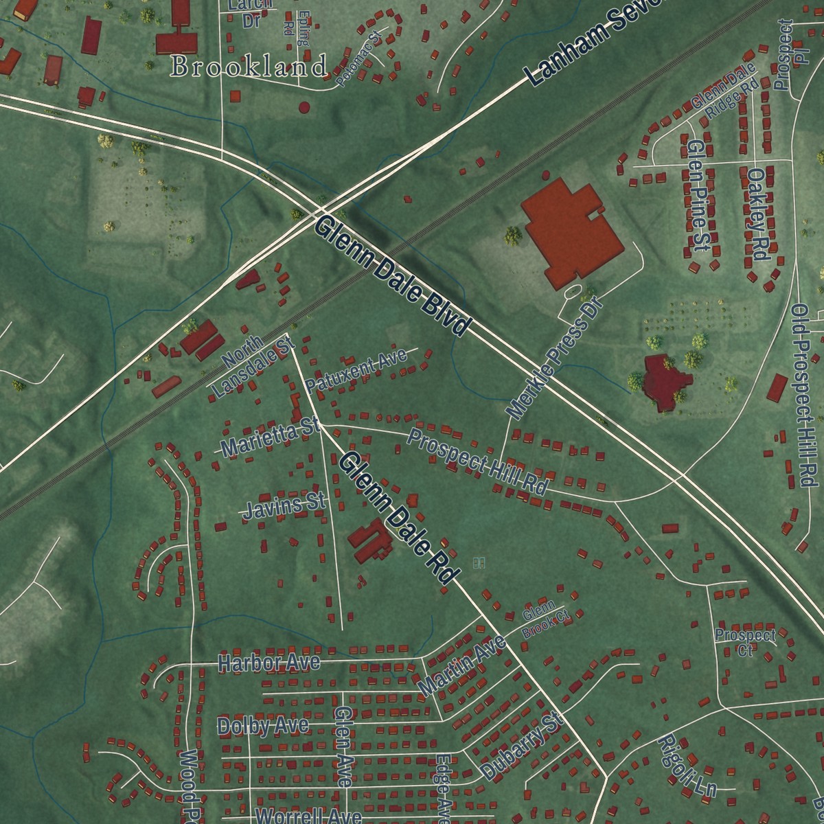 Second close-up of the map of Glenn Dale, Maryland print showing more streets and buildings