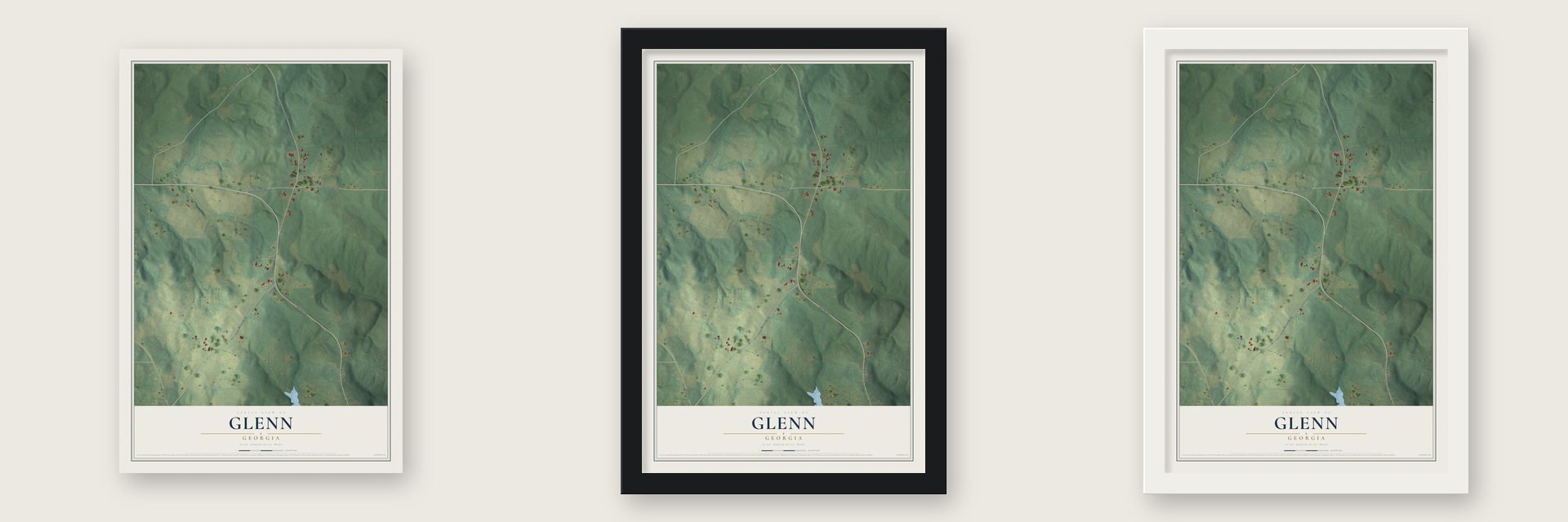 Glenn, Georgia map unframed, in a black wood frame and in a white wood frame