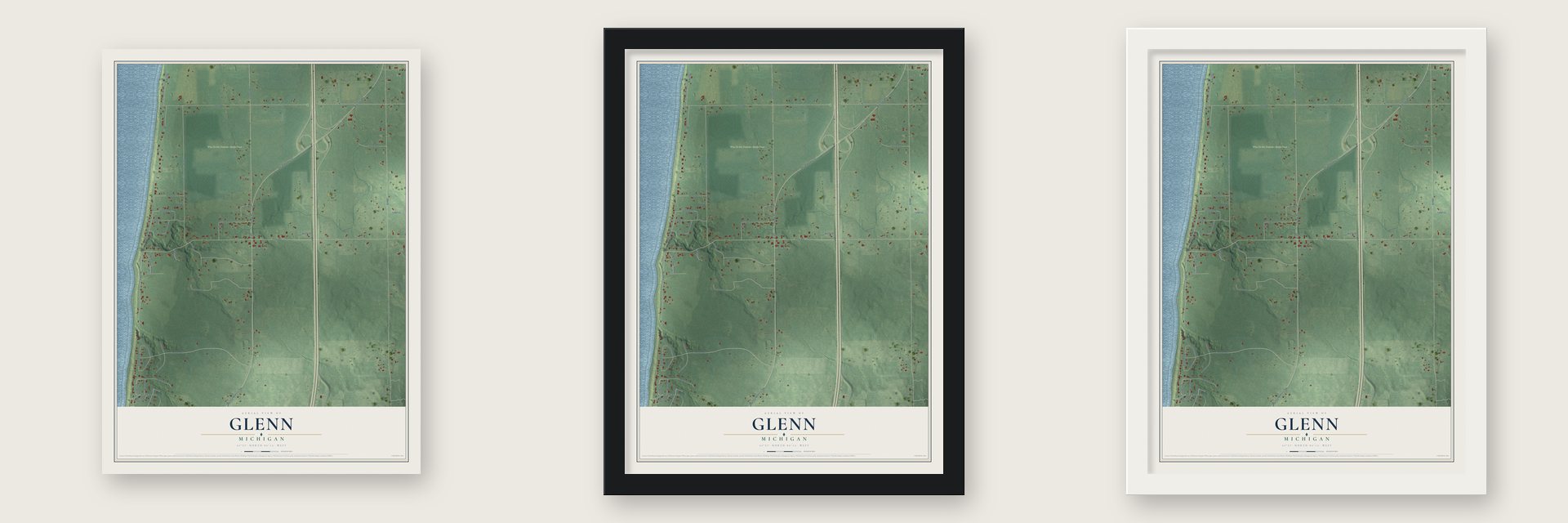 Glenn, Michigan map unframed, in a black wood frame and in a white wood frame