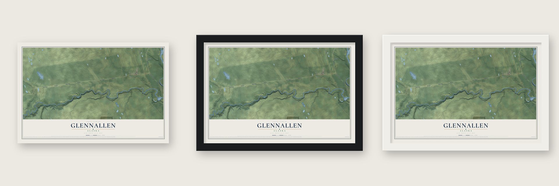 Glennallen, Alaska map unframed, in a black wood frame and in a white wood frame