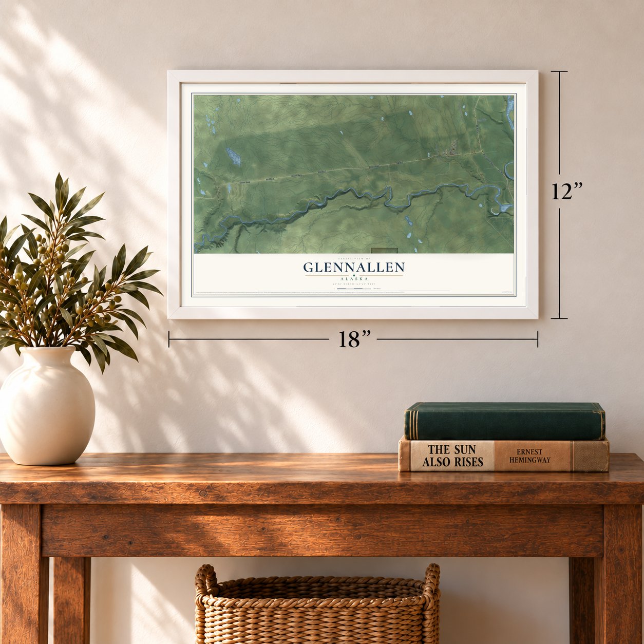 Glennallen, Alaska map, 12 x 18 inch print in a white frame in an entryway