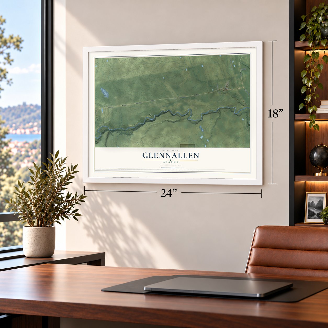 Glennallen, Alaska map, 18 x 24 inch print in a white frame in a home office