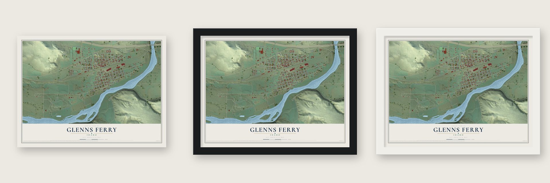 Glenns Ferry, Idaho map unframed, in a black wood frame and in a white wood frame