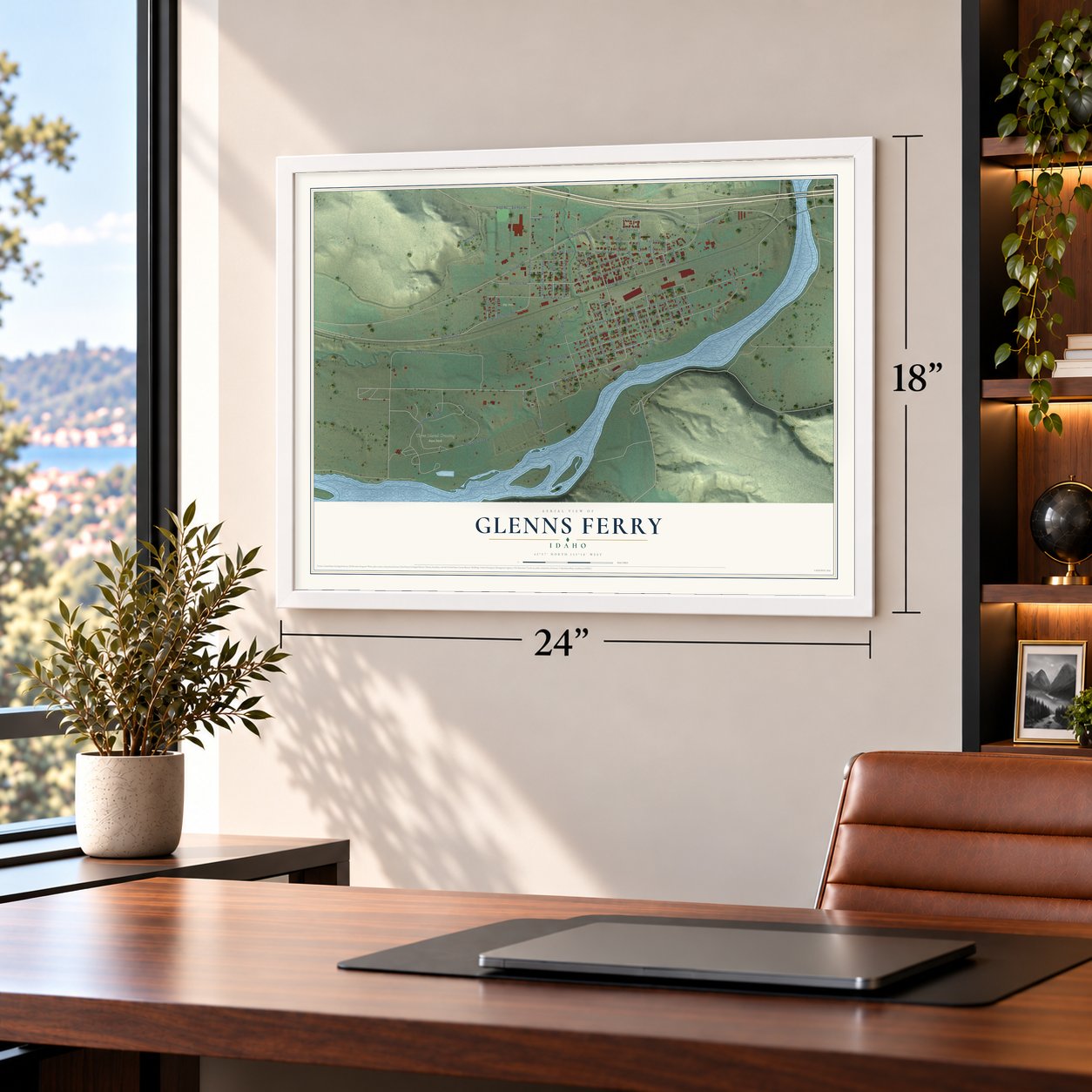 Glenns Ferry, Idaho map, 18 x 24 inch print in a white frame in a home office