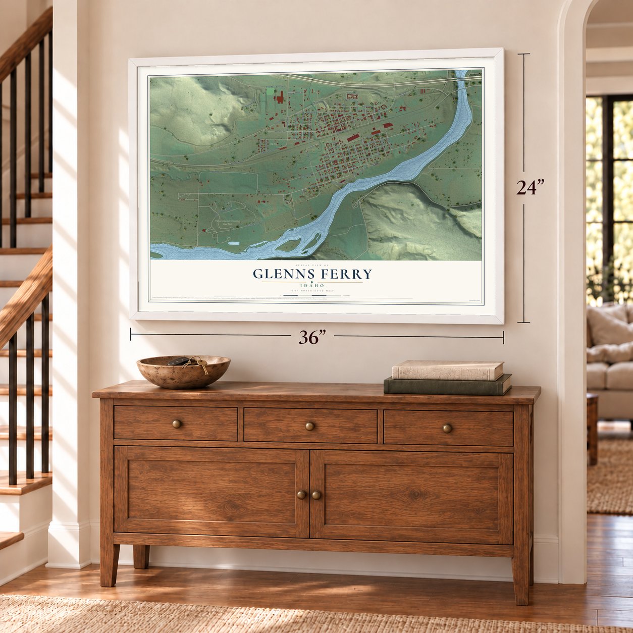 Glenns Ferry, Idaho map, 24 x 36 inch print in a white frame above a dresser by a staircase