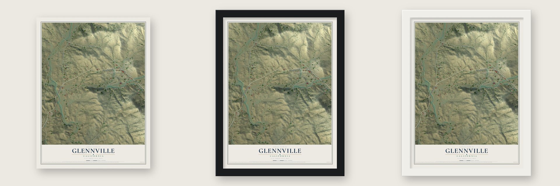 Glennville, California map unframed, in a black wood frame and in a white wood frame
