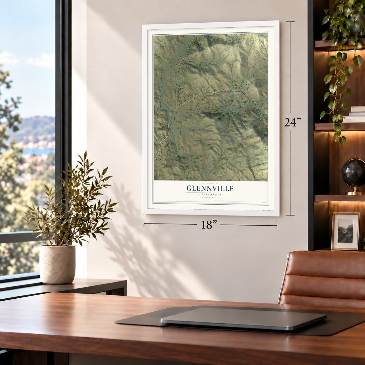 Glennville, California map, 18 x 24 inch print in a white frame in a home office