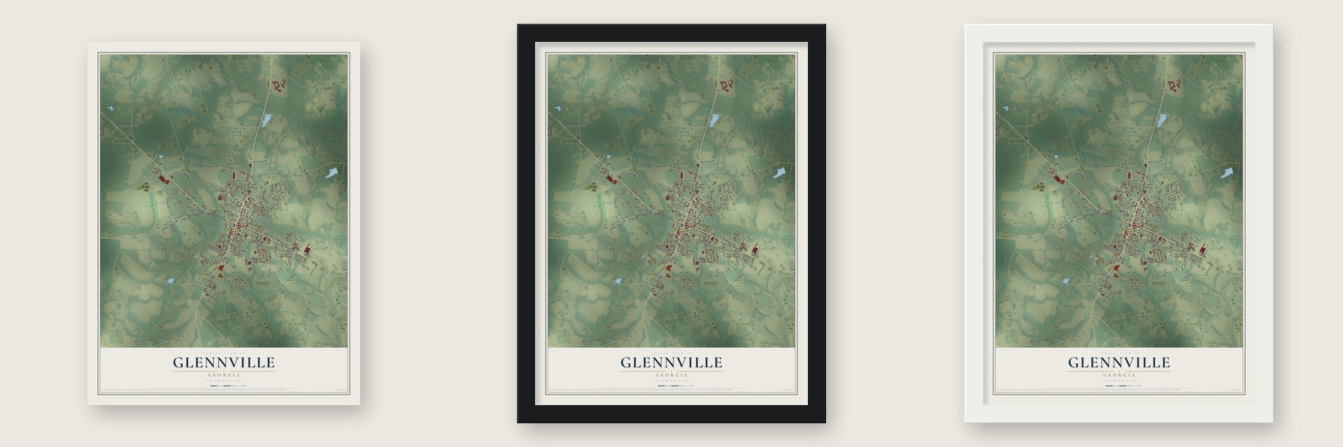 Glennville, Georgia map unframed, in a black wood frame and in a white wood frame