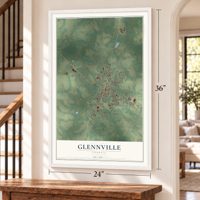 Glennville, Georgia map, 24 x 36 inch print in a white frame by a staircase