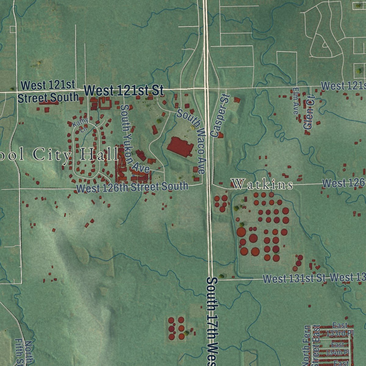 Second close-up of the map of Glenpool, Oklahoma print showing more streets and buildings