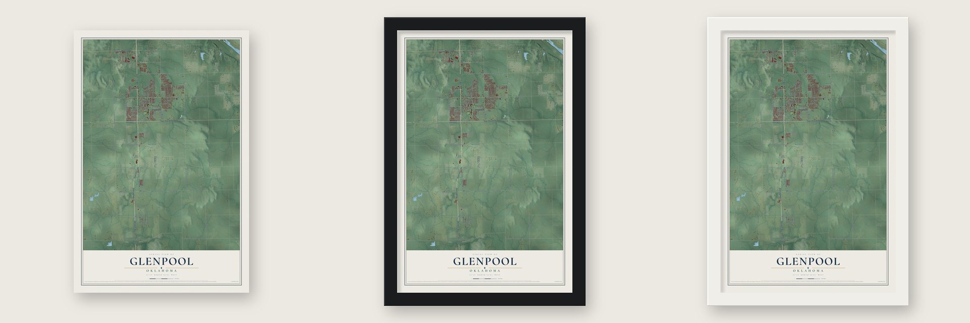 Glenpool, Oklahoma map unframed, in a black wood frame and in a white wood frame