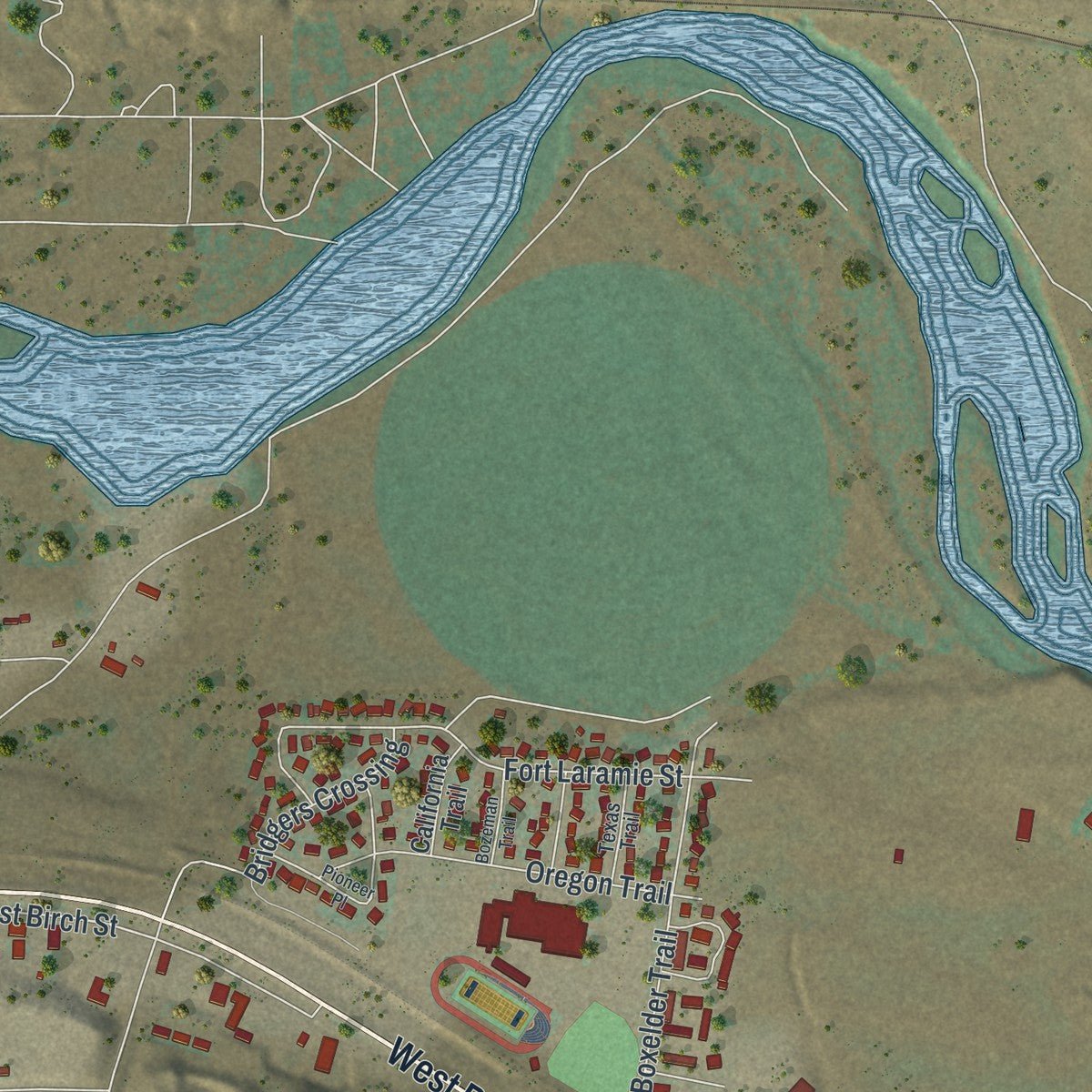 Second close-up of the map of Glenrock, Wyoming print showing more streets and buildings