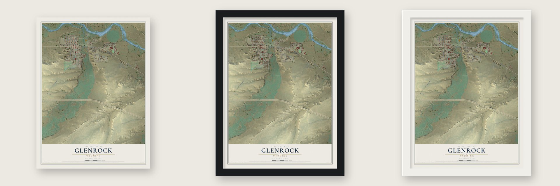 Glenrock, Wyoming map unframed, in a black wood frame and in a white wood frame