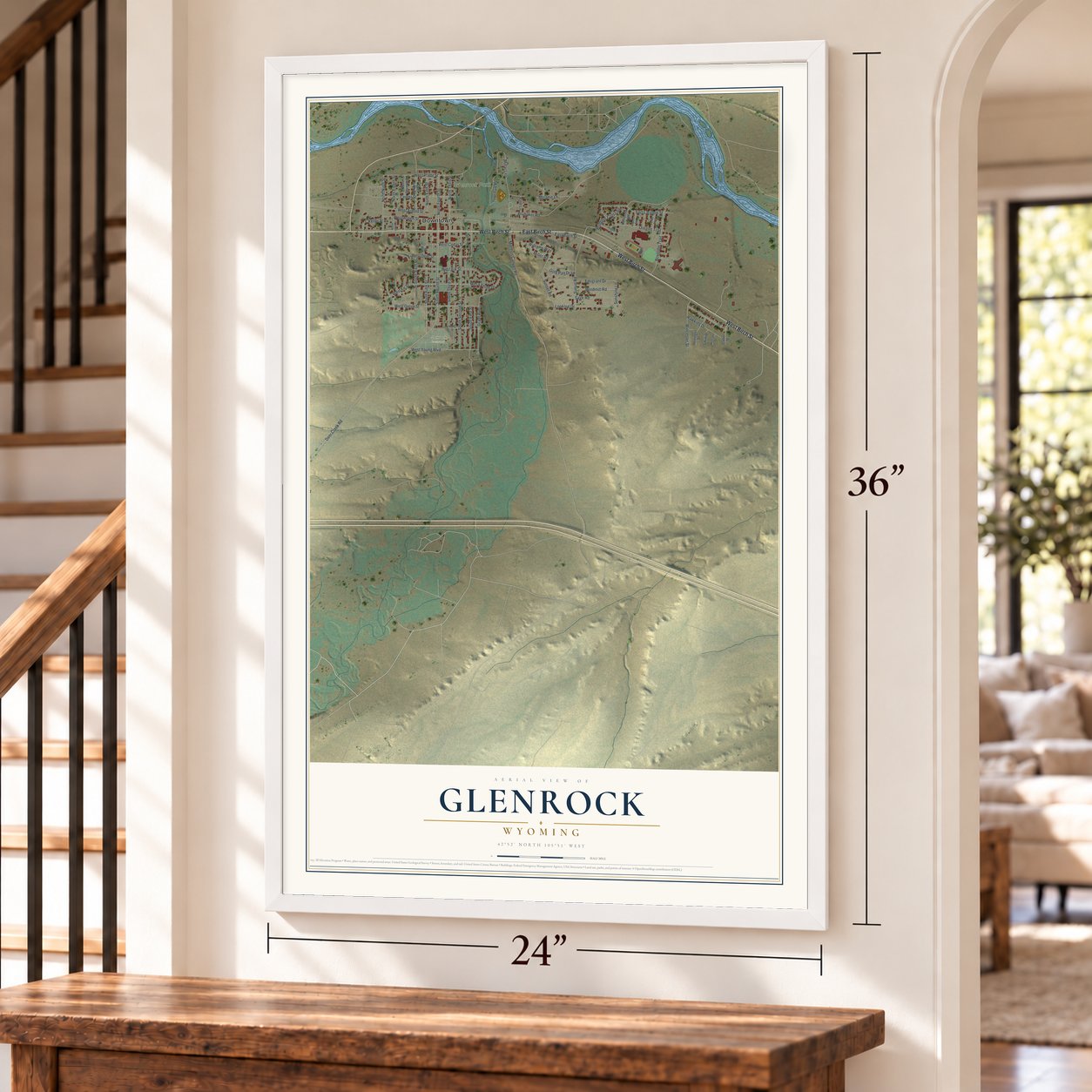 Glenrock, Wyoming map, 24 x 36 inch print in a white frame by a staircase
