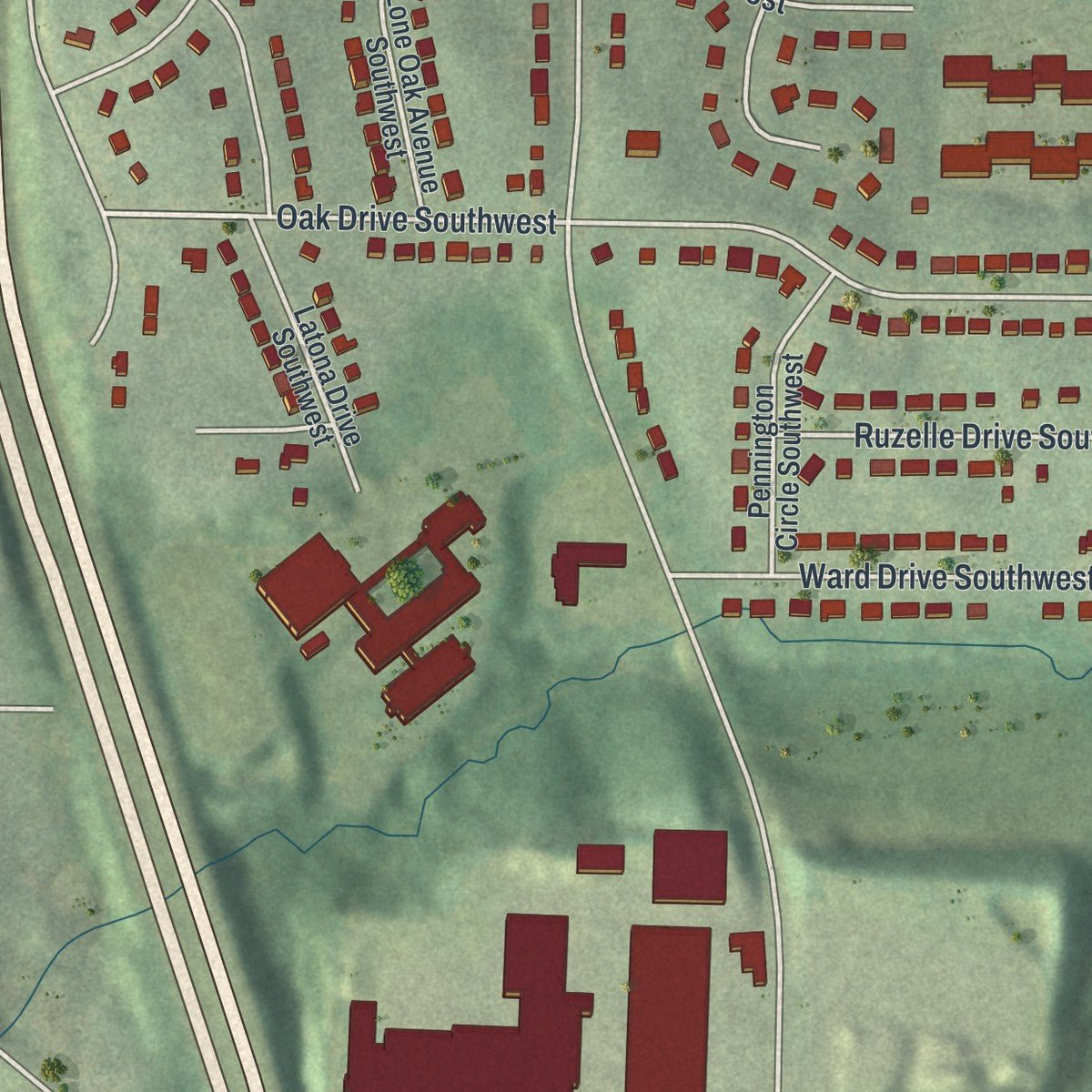 Second close-up of the map of Glenrose Heights, Georgia print showing more streets and buildings