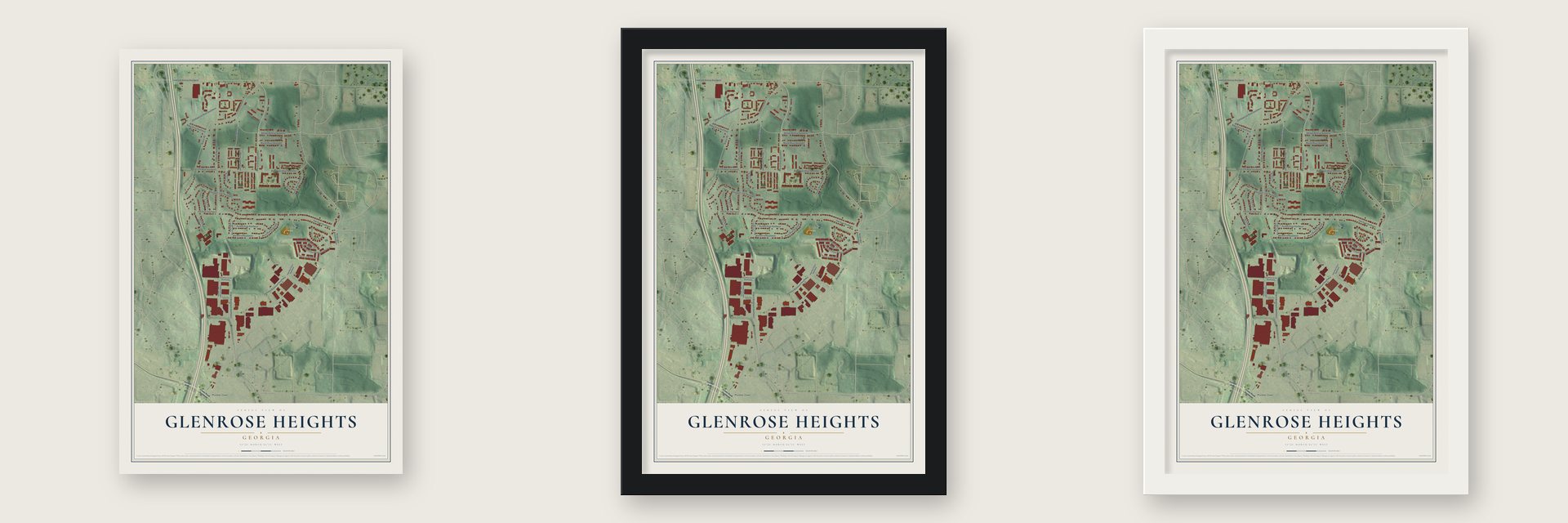 Glenrose Heights, Georgia map unframed, in a black wood frame and in a white wood frame
