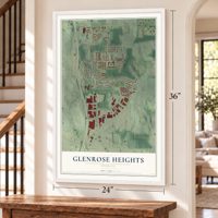 Glenrose Heights, Georgia map, 24 x 36 inch print in a white frame by a staircase
