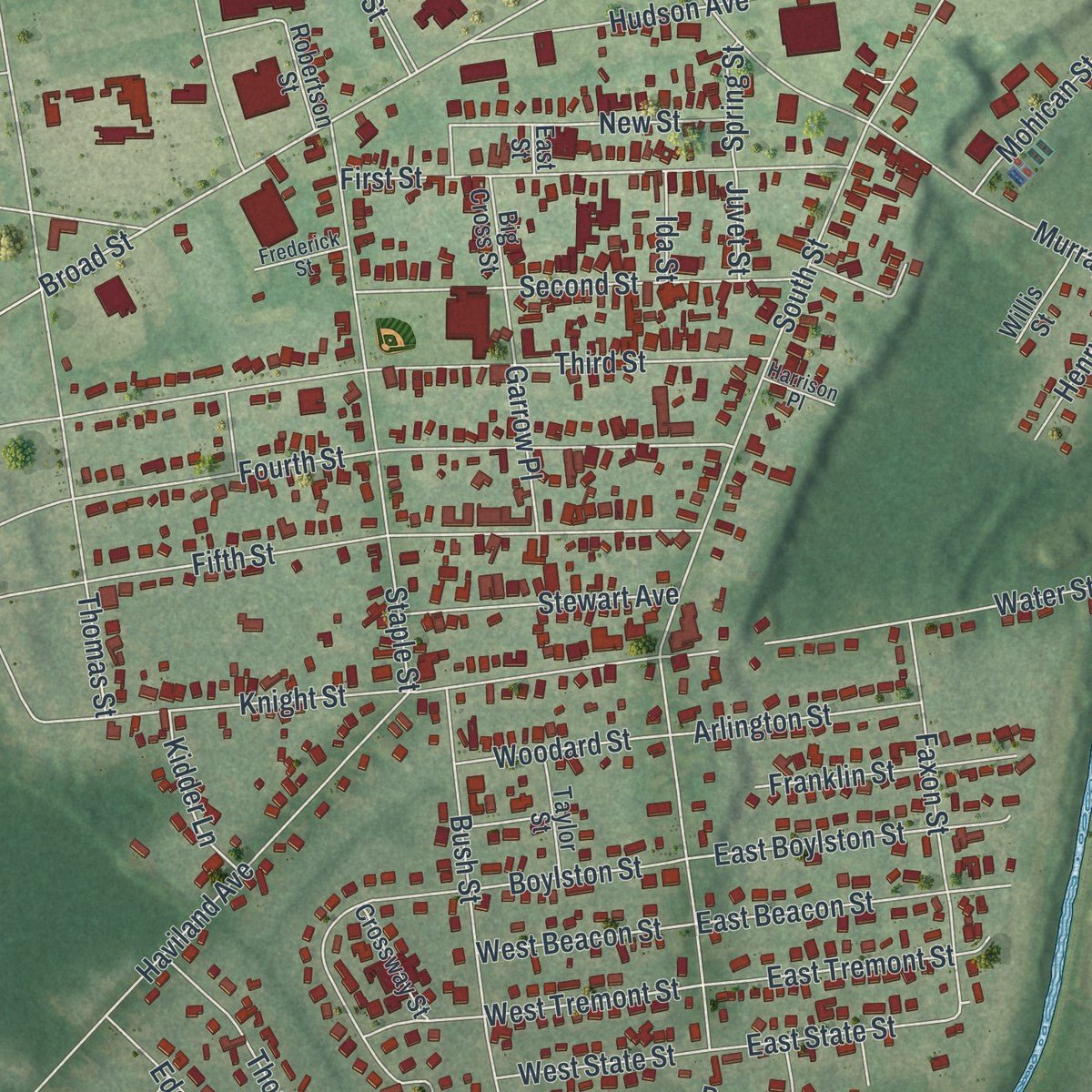 Second close-up of the map of Glens Falls, New York print showing more streets and buildings